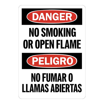 Bilingual OSHA Danger No Smoking or Open Flame sign sticker with red oval Danger and Peligro headers, an English and Spanish decal warning of fire hazard areas