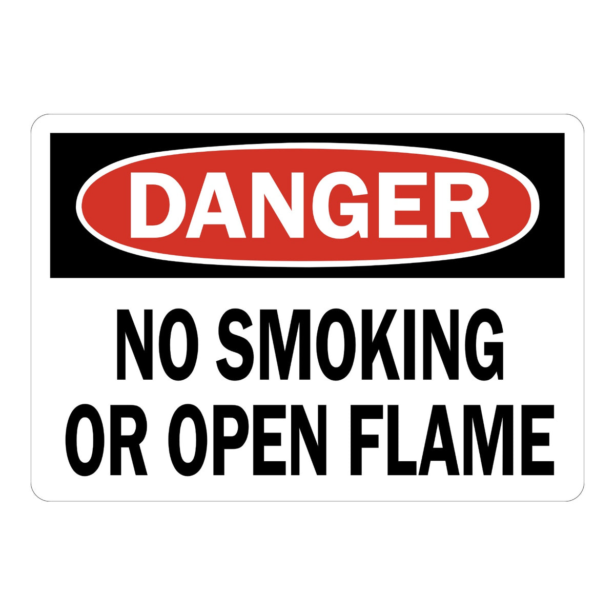 OSHA Danger No Smoking or Open Flame sign sticker with red oval header on a black panel and bold black text, a decal warning of fire and ignition hazards on site