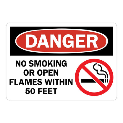 OSHA Danger No Smoking or Open Flames Within 50 Feet sign sticker with red oval header on a black panel and prohibition icon over a cigarette, a fire safety decal