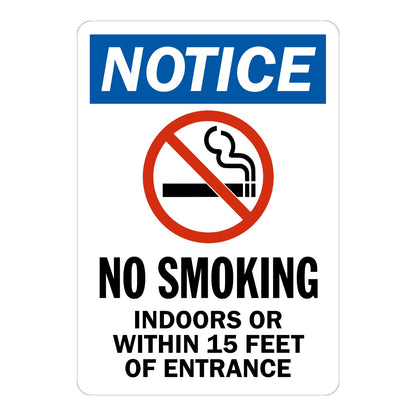 Notice No Smoking Indoors or Within 15 Feet of Entrance sign sticker with blue header and prohibition icon over a cigarette, a decal keeping smokers from doorways