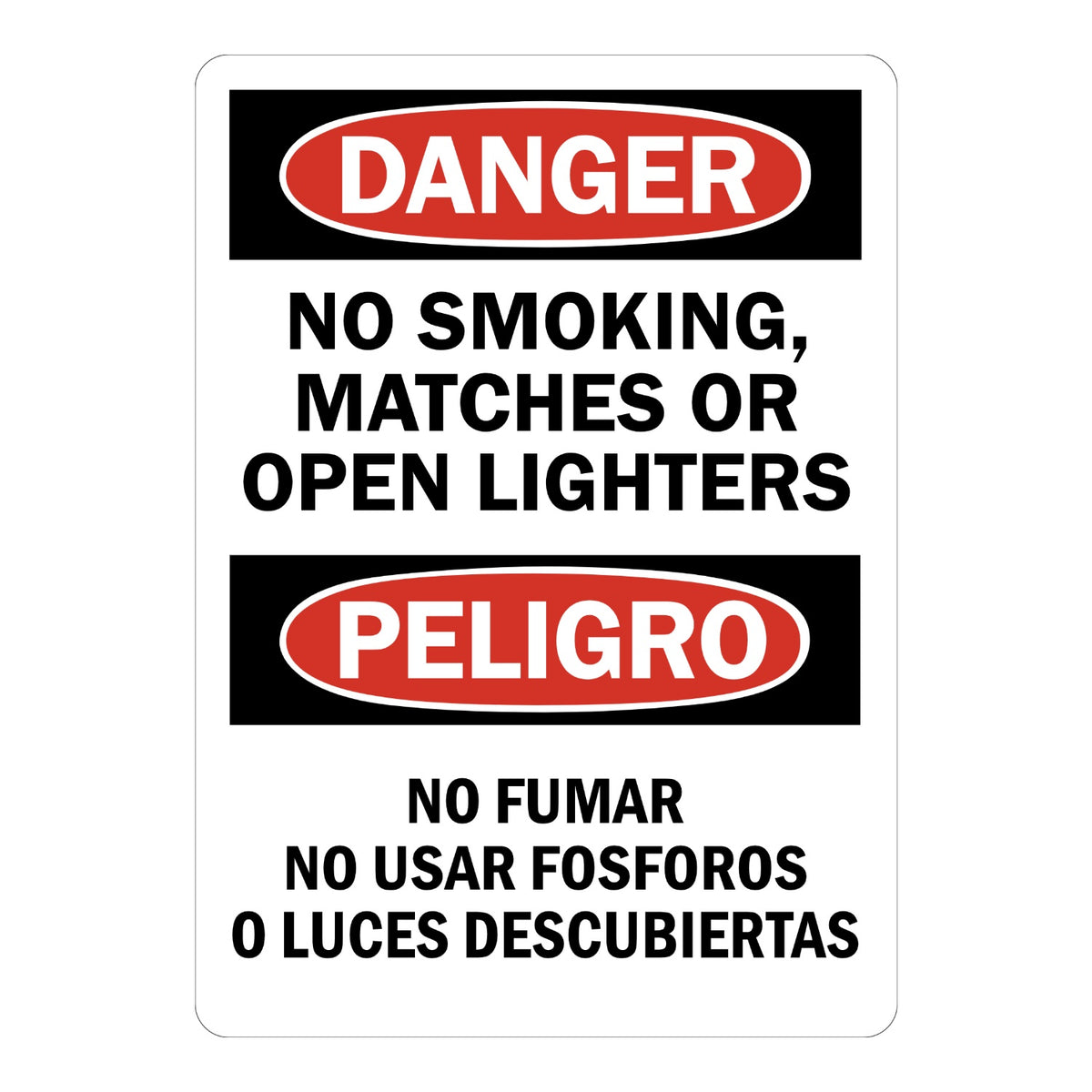 Bilingual OSHA Danger No Smoking Matches or Open Lighters sign sticker with red oval Danger and Peligro headers, an English and Spanish decal for fire hazard areas