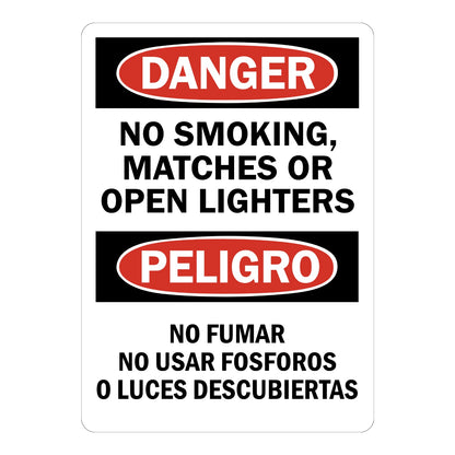 Bilingual OSHA Danger No Smoking Matches or Open Lighters sign sticker with red oval Danger and Peligro headers, an English and Spanish decal for fire hazard areas