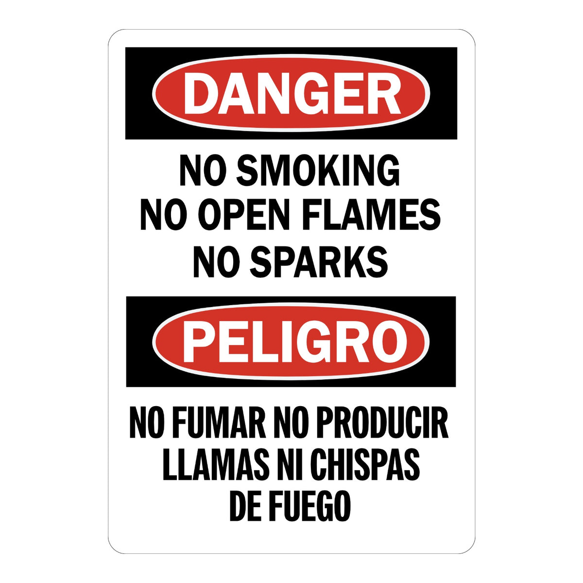 Bilingual OSHA Danger No Smoking No Open Flames No Sparks sign sticker with red oval Danger and Peligro headers, an English and Spanish decal for fire risk areas