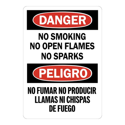 Bilingual OSHA Danger No Smoking No Open Flames No Sparks sign sticker with red oval Danger and Peligro headers, an English and Spanish decal for fire risk areas