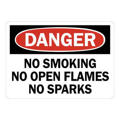 OSHA Danger No Smoking No Open Flames No Sparks sign sticker with red oval header on a black panel and bold black text, a decal warning of fire and ignition risks