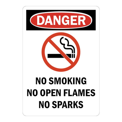 OSHA Danger No Smoking No Open Flames No Sparks sign sticker with red oval header and prohibition icon over a lit cigarette, a decal warning of fire risk areas