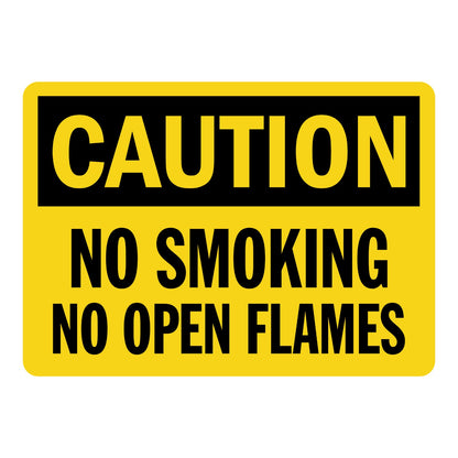 OSHA Caution No Smoking No Open Flames sign sticker with black header on a yellow background and bold black text, a decal warning of fire and ignition hazards