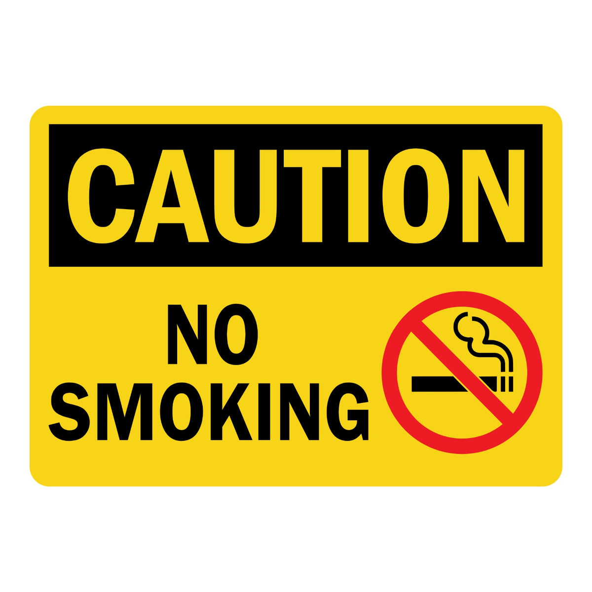 OSHA Caution No Smoking sign sticker with black header on a yellow background and prohibition icon over a lit cigarette, a decal marking areas where smoking is banned