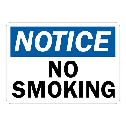 OSHA Notice No Smoking sign sticker with blue header and bold black text on a white background, a decal marking areas where smoking is not permitted on premises