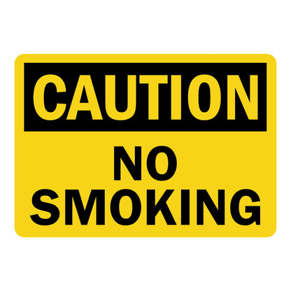 OSHA Caution No Smoking sign sticker with black header and bold black text on a yellow background, a decal marking areas where smoking is not permitted on site