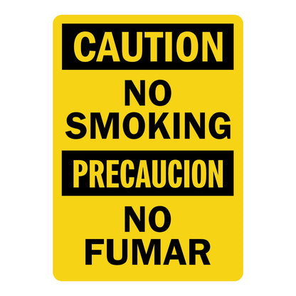 Bilingual OSHA Caution No Smoking sign sticker with black Caution and Precaucion headers on yellow, an English and Spanish decal marking smoke-free areas