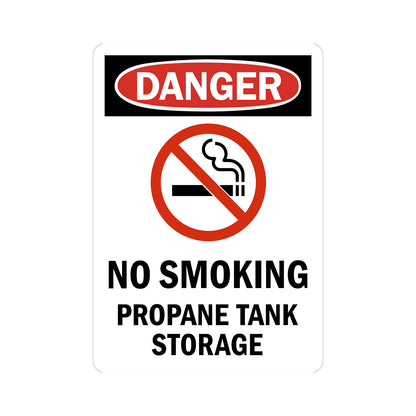 OSHA Danger No Smoking Propane Tank Storage sign sticker, red oval Danger header, no smoking prohibition icon, bold black text on white background, flammable gas storage area workplace safety compliance sign