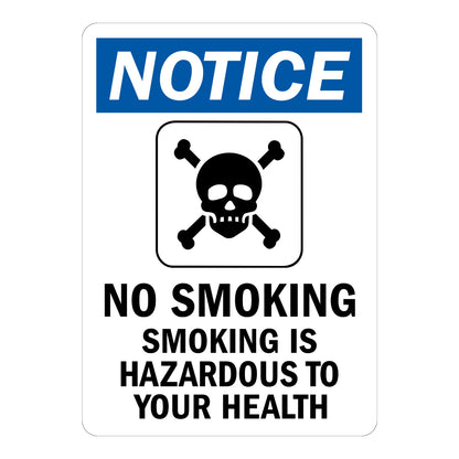 OSHA Notice No Smoking Smoking Is Hazardous to Your Health sign sticker with blue header and skull and crossbones icon, a decal warning of smoking health risks