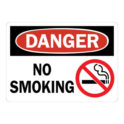 OSHA Danger No Smoking sign sticker with red oval header on a black panel and prohibition icon over a lit cigarette, a decal marking areas where smoking is banned