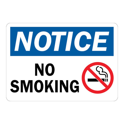 OSHA Notice No Smoking sign sticker with blue header and prohibition icon over a lit cigarette, a decal marking areas where smoking is not permitted on premises
