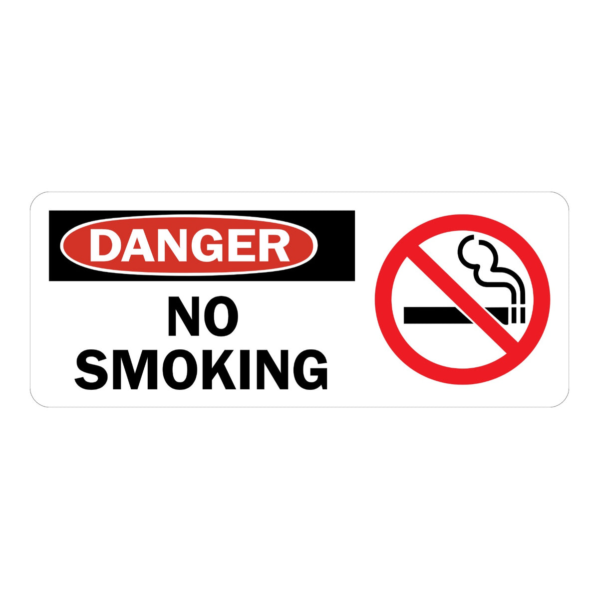 OSHA Danger No Smoking horizontal sign sticker with red oval header on a black panel and prohibition icon over a lit cigarette, a decal marking no smoking areas