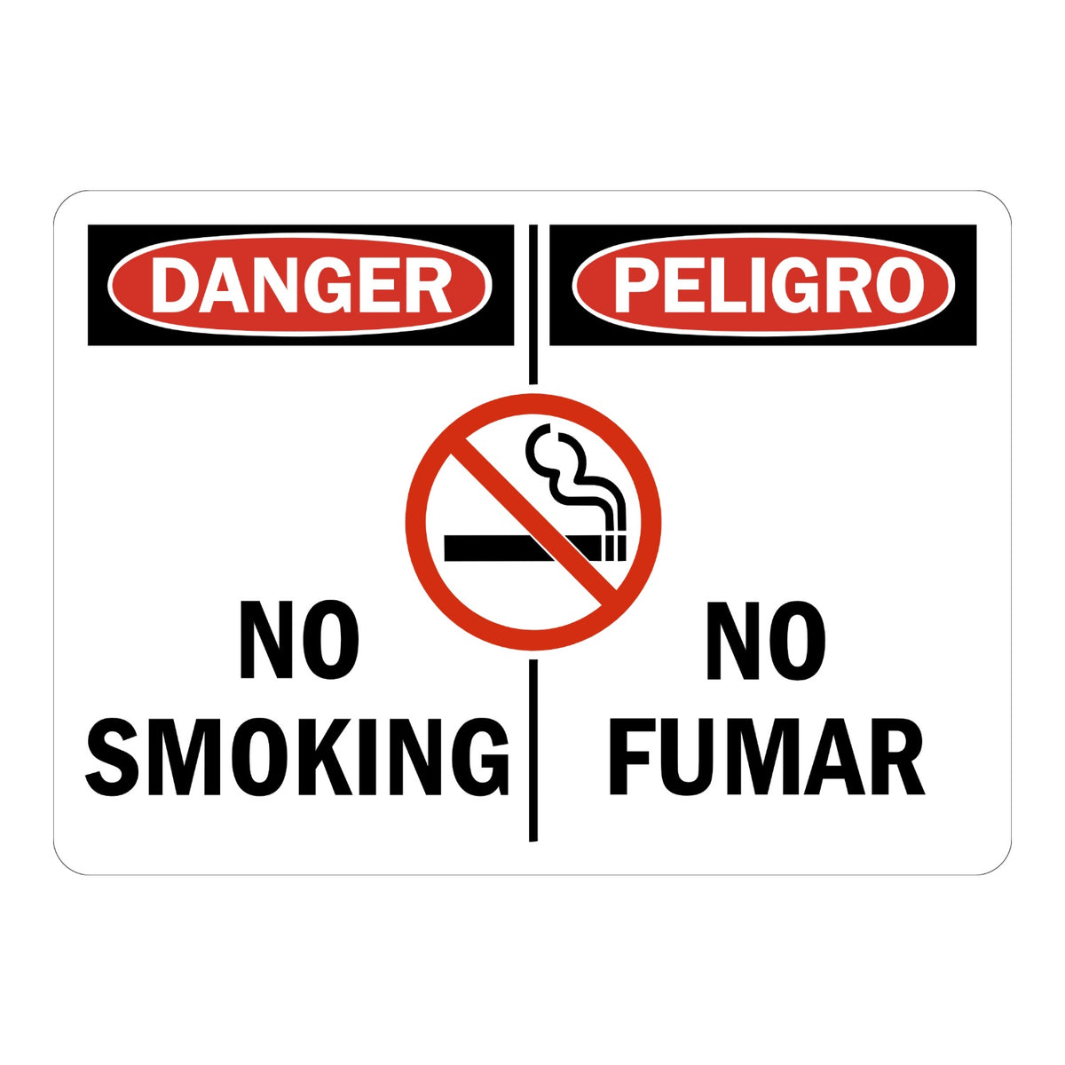 Bilingual OSHA Danger No Smoking sign sticker with red oval Danger and Peligro headers and prohibition icon over a cigarette, an English and Spanish smoking ban decal