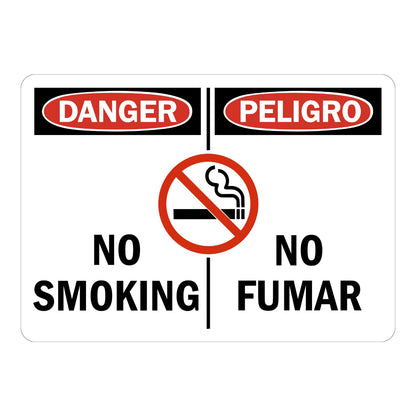 Bilingual OSHA Danger No Smoking sign sticker with red oval Danger and Peligro headers and prohibition icon over a cigarette, an English and Spanish smoking ban decal