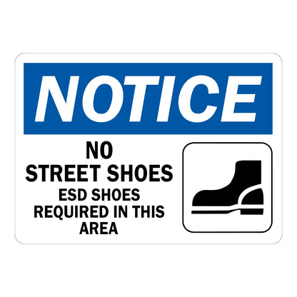 OSHA Notice: No Street Shoes, Esd Shoes Required in This Area Sign Sticker with blue header banner, black shoe icon, and bold black italic warning text below