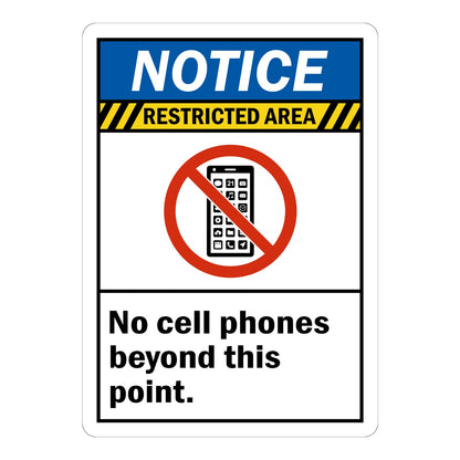 ANSI Notice Restricted Area No Cell Phones Beyond This Point sign sticker with blue header and prohibition icon over a phone, a decal for secure restricted zones
