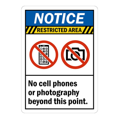 ANSI Notice Restricted Area No Cell Phones or Photography Beyond This Point sign sticker with blue header and phone and camera prohibition icons, a security decal