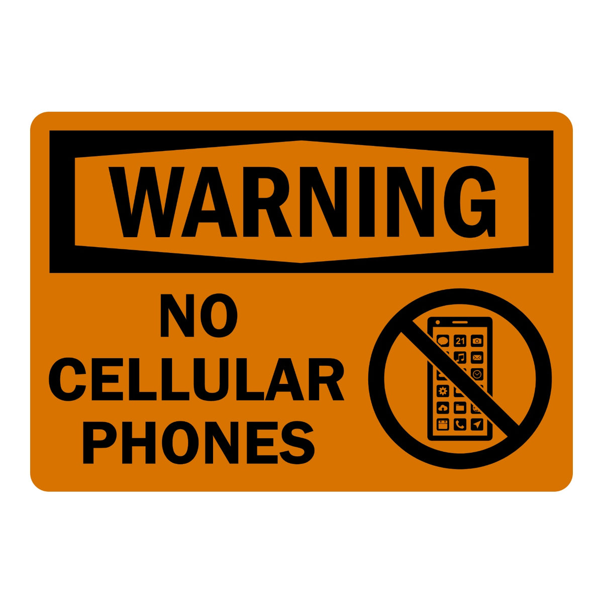 Warning No Cellular Phones sign sticker with black header on an orange background and prohibition icon over a phone, a decal marking areas where phones are banned