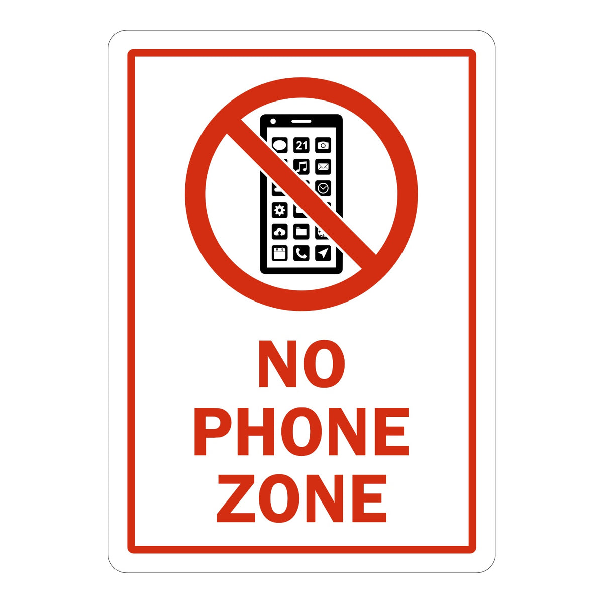 No Phone Zone sign sticker with red border, bold red lettering and prohibition icon over a smartphone, a decal marking areas where phone use is not permitted
