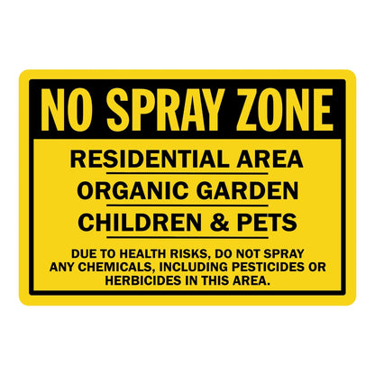 Warning: No Spray Zone - Residential Area, Organic Garden, Children and Pets sign stickers, yellow background, black header banner, bold black warning text listing risks.