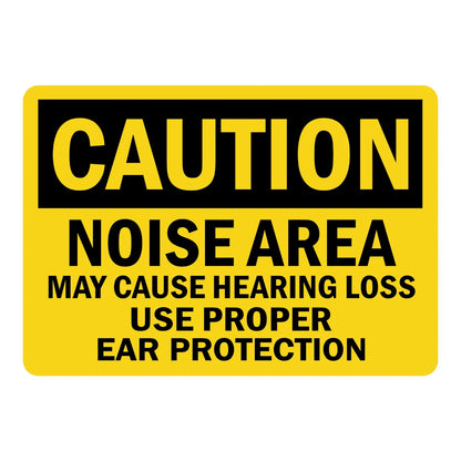 OSHA Caution: Noise Area May Cause Hearing Loss, Use Proper Ear Protection sign sticker featuring a bold black CAUTION header on yellow with black text below.
