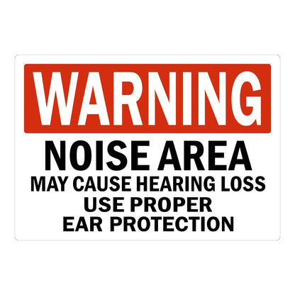 Warning: Noise Area May Cause Hearing Loss, Use Proper Ear Protection sign sticker featuring a bold white WARNING header on red with bold black text below.