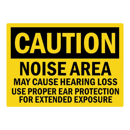 OSHA Caution: Noise Area May Cause Hearing Loss, Use Proper Ear Protection for Extended Exposure sign sticker with a bold black CAUTION header on yellow background.