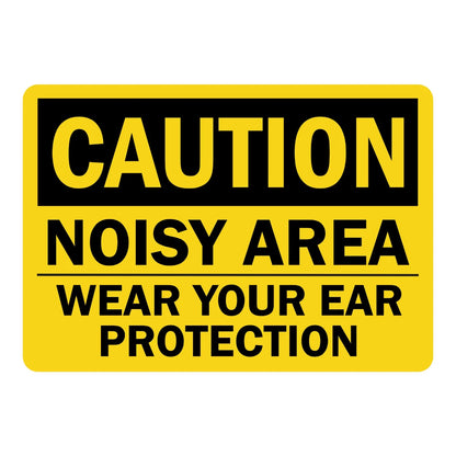 OSHA Caution: Noisy Area, Wear Your Ear Protection Sign Sticker with bold black text on a yellow background, ideal for marking high-noise industrial work zones