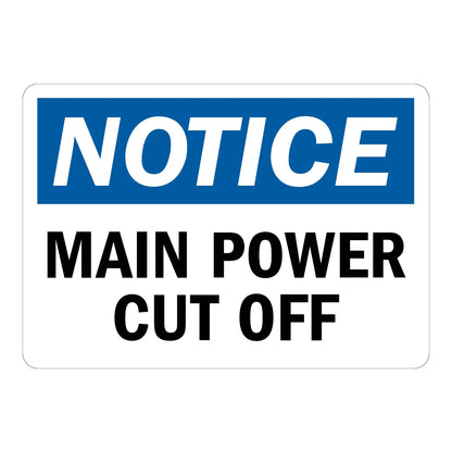 Notice: Main Power Cut-Off Sign Sticker – blue and white notice sign with bold black text labeling the main power cut-off