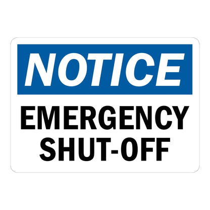 Notice: Emergency Shut-Off Sign Sticker – blue and white notice sign with bold black text labeling the emergency shut-off