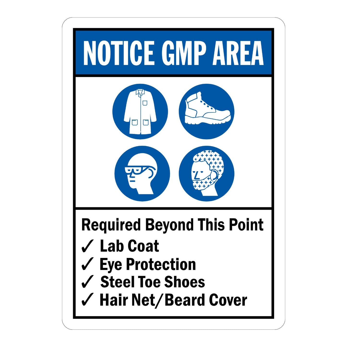 Notice GMP Area sign sticker with a blue header and four blue icons for lab coat, boots, glasses, hair net, listing PPE required beyond this point below.