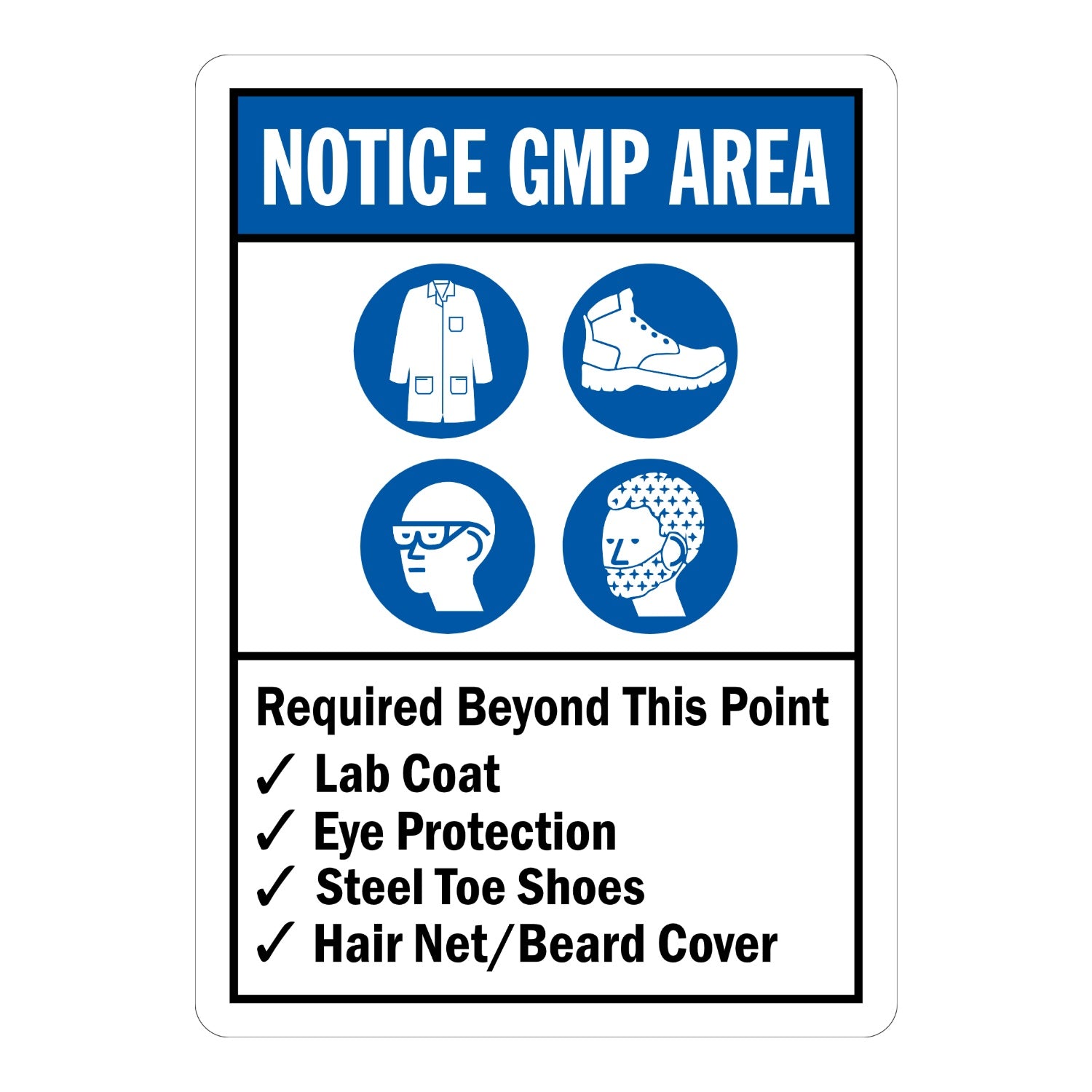 Notice GMP Area - Required Beyond This Point - Lab Coat, Eye Protection, Steel-Toe Shoes, Hair Net