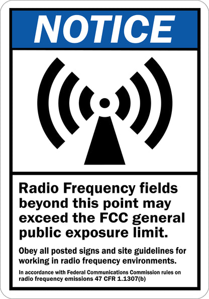 ANSI Notice Radio Frequency Fields Beyond This Point May Exceed FCC General Public Exposure Limit Sign Sticker with a blue notice header, RF emission tower symbol, and site safety guidelines.