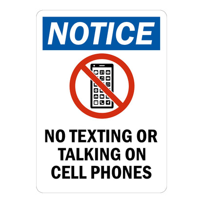 Notice No Texting or Talking on Cell Phones sign sticker with blue header and prohibition icon over a phone, a workplace decal banning calls and text messaging