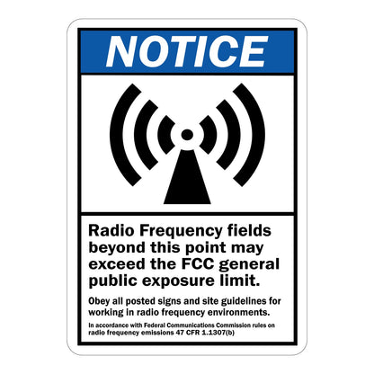 ANSI Notice Radio Frequency Fields Beyond This Point May Exceed FCC General Public Exposure Limit Sign Sticker with a blue notice header, RF emission tower symbol, and site safety guidelines.