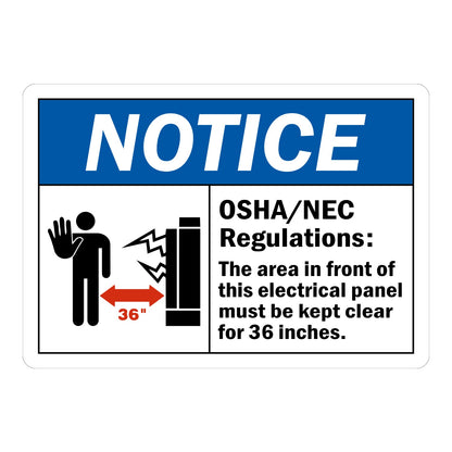 ANSI Notice: Electrical Panel Area Must Be Kept Clear for 36 Inches sign stickers featuring bold blue NOTICE header, cites OSHA/NEC clearance regulations