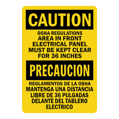 Bilingual OSHA Caution: Electrical Panel Area Must Be Kept Clear for 36 Inches sign stickers featuring bold black text on yellow in English and Spanish