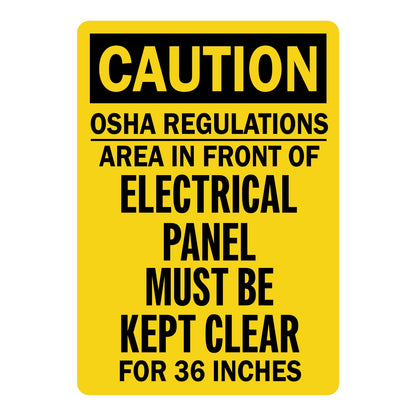 OSHA Caution: Electrical Panel Area Must Be Kept Clear for 36 Inches sign stickers featuring bold black CAUTION header, cites OSHA regulations clearly