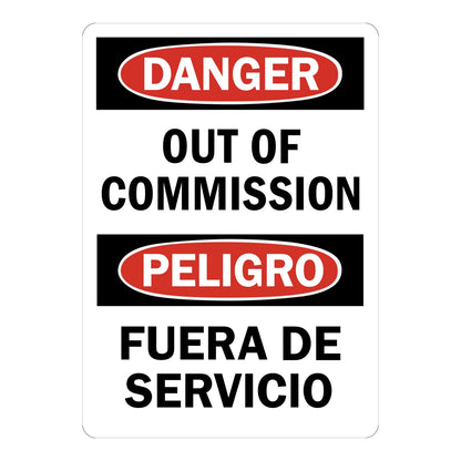 Bilingual OSHA Danger Out Of Commission Peligro Fuera De Servicio Sign Sticker with red headers alerting English and Spanish workers of out of commission equipment