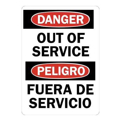 Bilingual OSHA Danger Out Of Service Peligro Fuera De Servicio Sign Sticker with red headers alerting English and Spanish workers that equipment is out of service