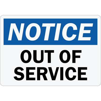 OSHA Notice Out Of Service Sign Sticker with blue notice header and bold out of service equipment status text.