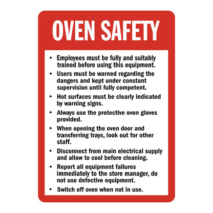 Oven Safety Guidelines Sign Stickers with a red border, white OVEN SAFETY header and a black bulleted list of oven safety and equipment rules on a white panel