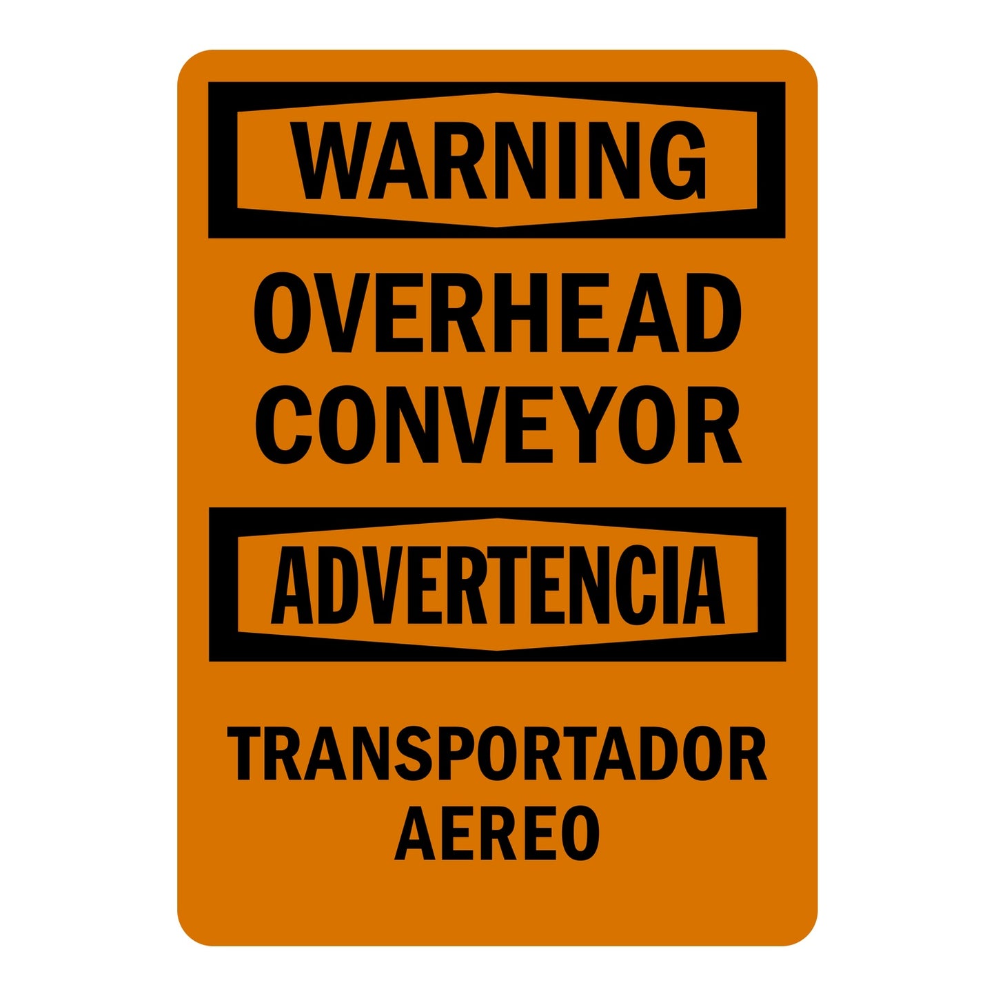 Bilingual OSHA Warning: Overhead Conveyor sign stickers featuring bold black text on orange background in English and Spanish, warns of overhead hazard