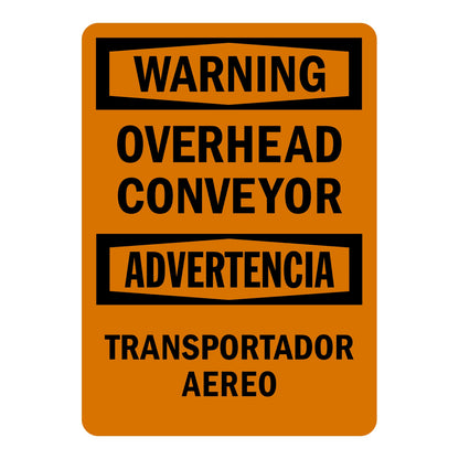 Bilingual OSHA Warning: Overhead Conveyor sign stickers featuring bold black text on orange background in English and Spanish, warns of overhead hazard