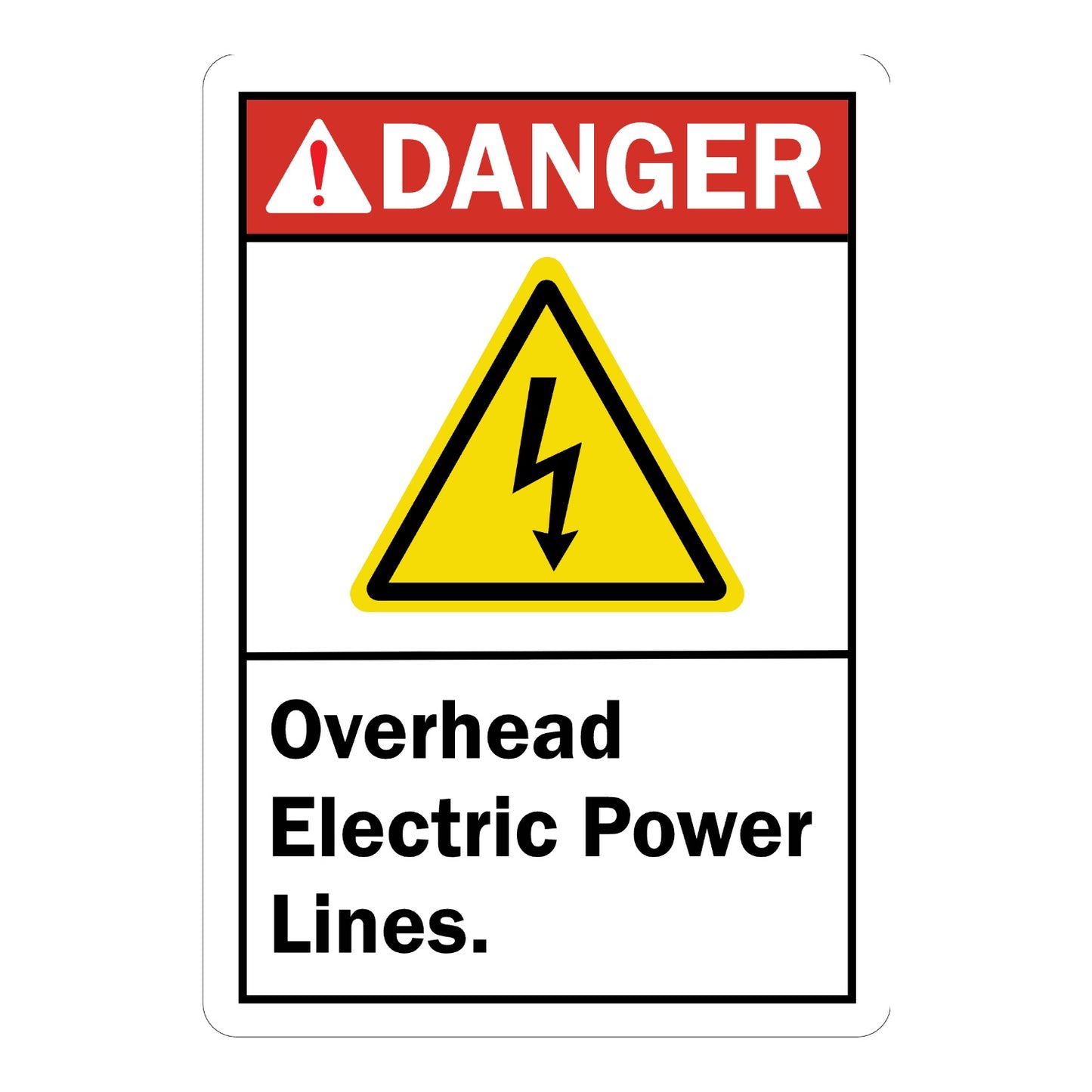 ANSI Danger: Overhead Electric Power Lines Sign Sticker with red header, yellow lightning bolt triangle icon, and bold black text on white panel below
