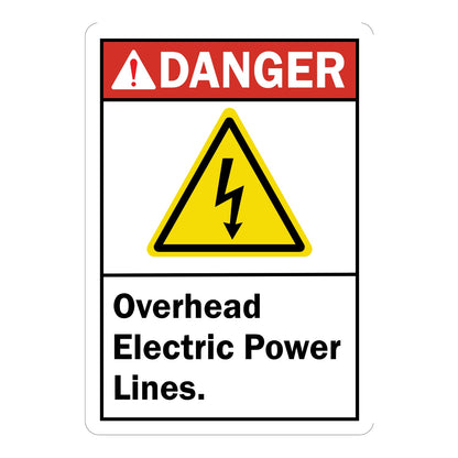 ANSI Danger: Overhead Electric Power Lines Sign Sticker with red header, yellow lightning bolt triangle icon, and bold black text on white panel below